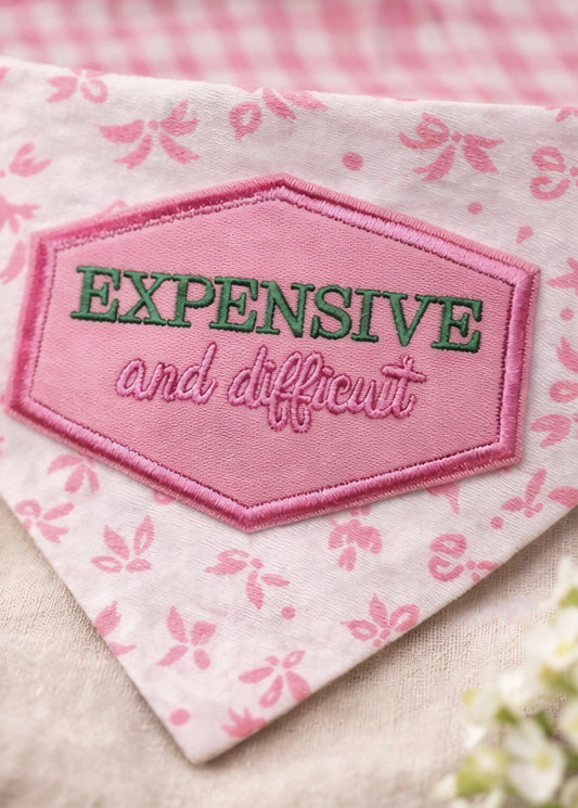 "Expensive and Difficult" Pink Bow Scrunchie Dog Bandana